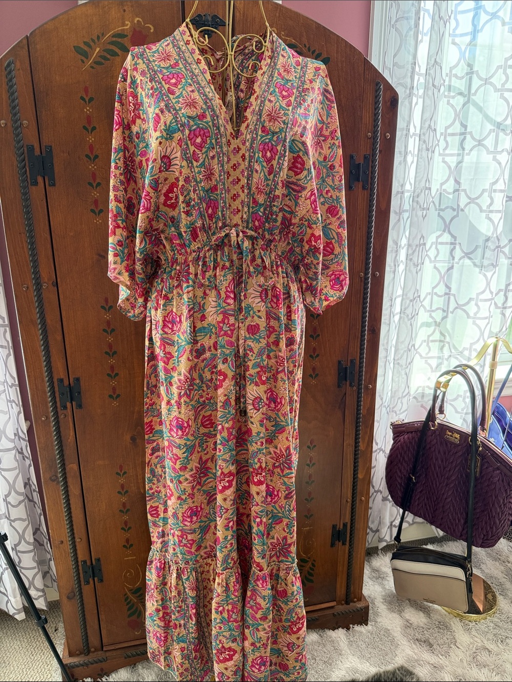Bohemian Floral Maxi Dress with Drawstring Waist - Pink Multi large sku 41